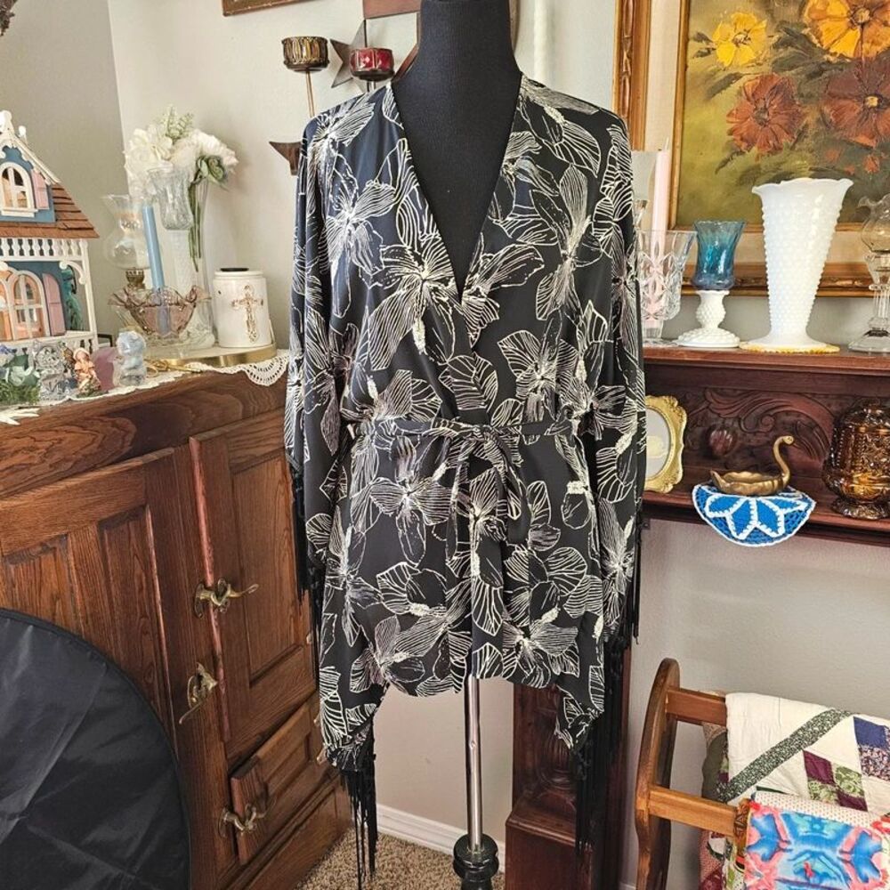 Free Press Floral Fringe Kimono Duster Tie Waist Cover Up Small